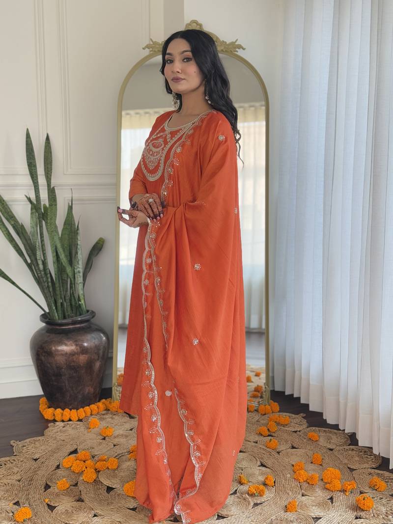 Women's Orange Embroidered Vichitra Silk Fabric Straight Kurta, Pant and Dupatta Set