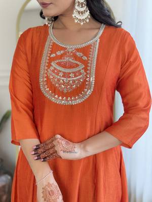 Women's Orange Embroidered Vichitra Silk Straight Kurta Pant and Dupatta Set 4