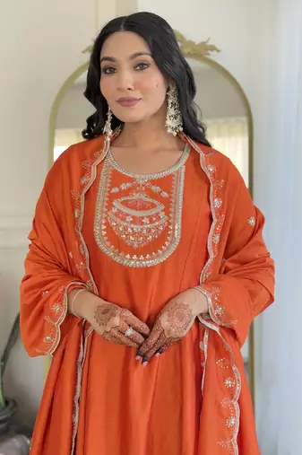 Women's Orange Embroidered Vichitra Silk Straight Kurta Pant and Dupatta Set