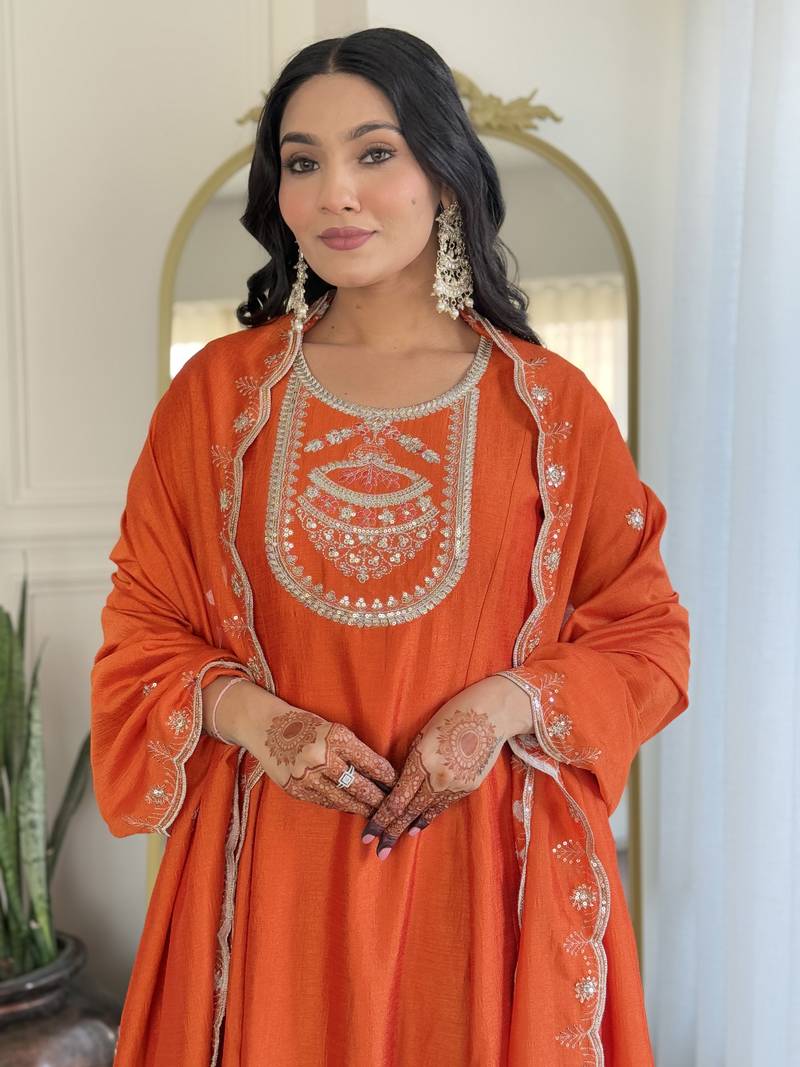 Women's Orange Embroidered Vichitra Silk Fabric Straight Kurta, Pant and Dupatta Set