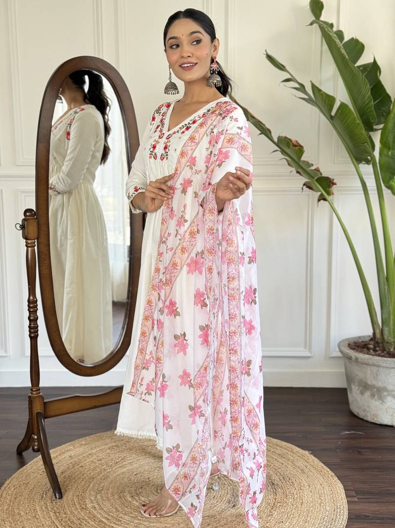 Women's Off White Viscose Rayon Embroidered Flared Kurta, Pant and Dupatta Set