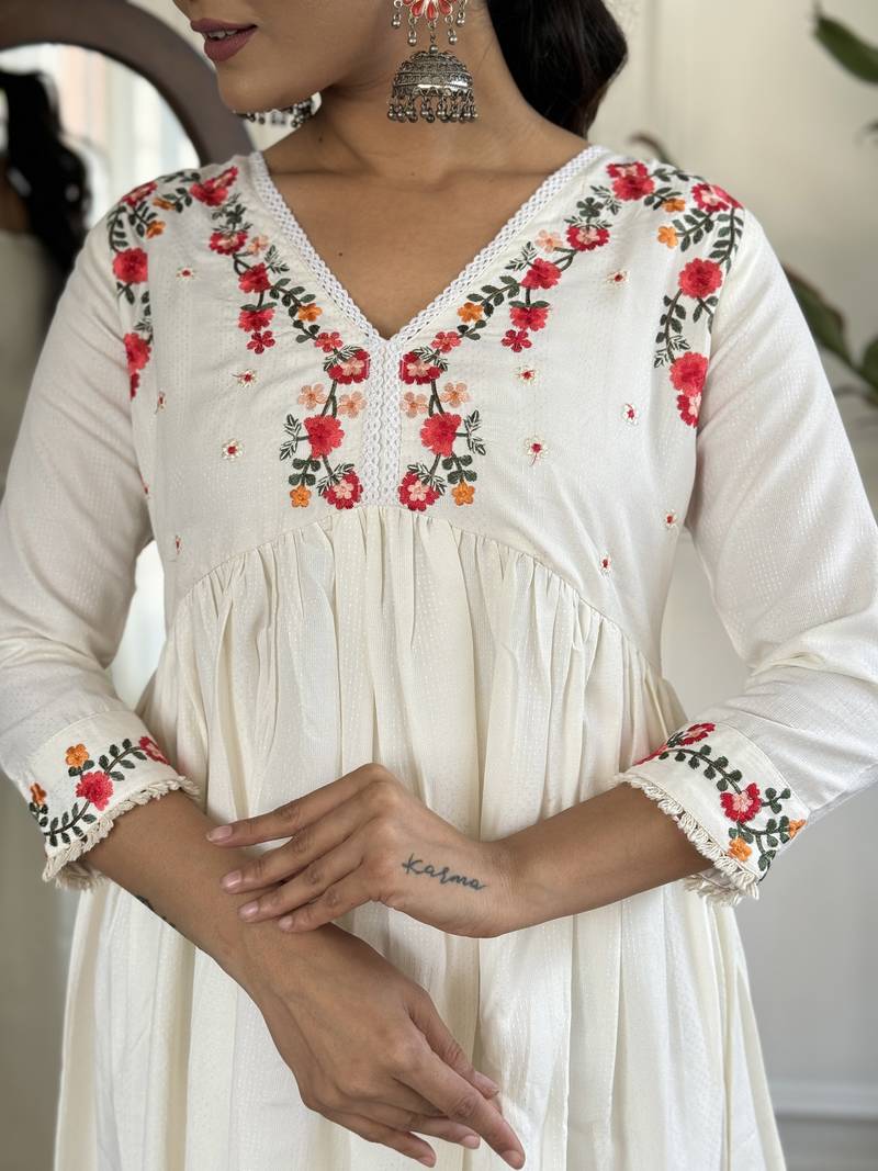 Women's Off White Viscose Rayon Embroidered Flared Kurta, Pant and Dupatta Set