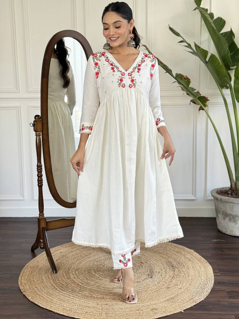 Women's Off White Viscose Rayon Embroidered Flared Kurta, Pant and Dupatta Set