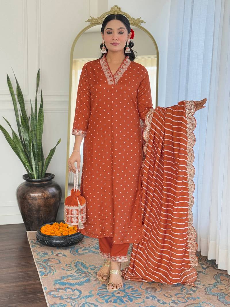 Women Bandhani Vichitra Silk Straight Kurta Pant Dupatta Set