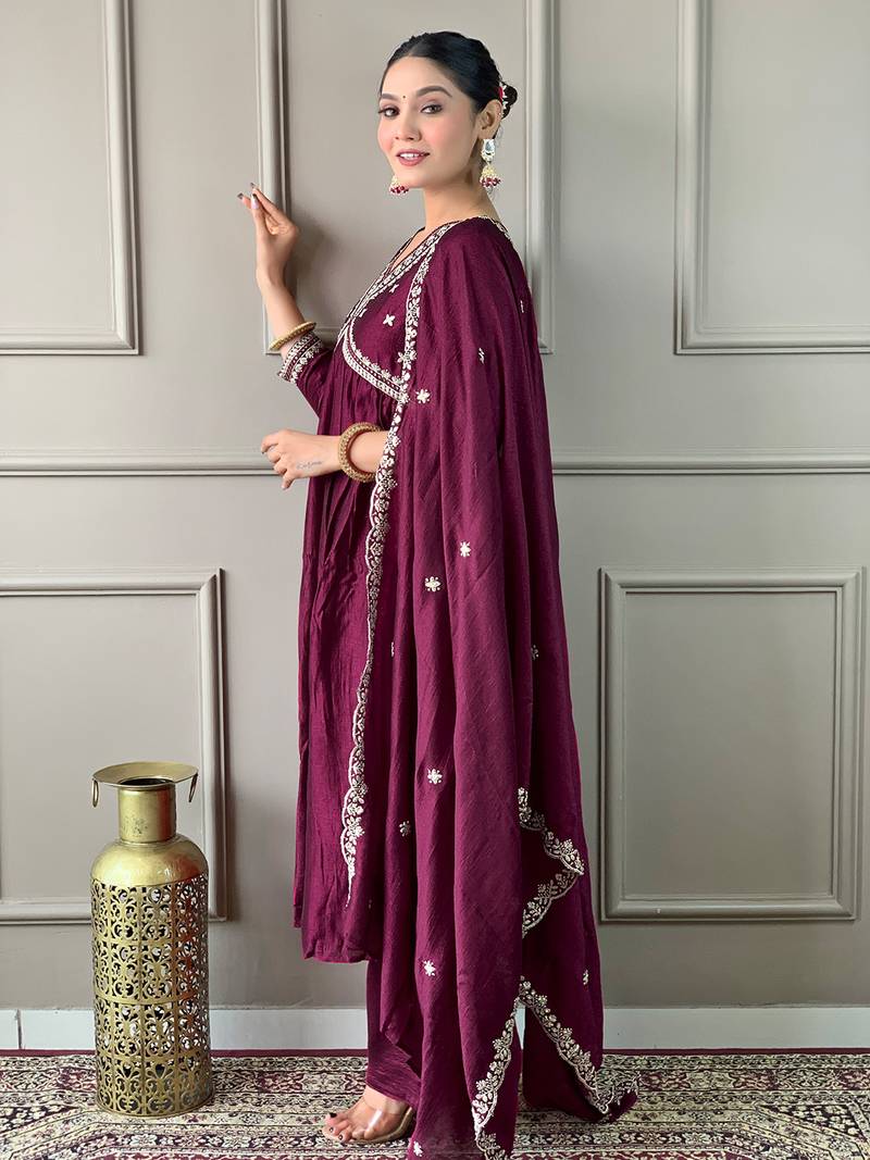 Embroidered Vichitra Silk Fabric Straight Kurta, Pant and Dupatta Set