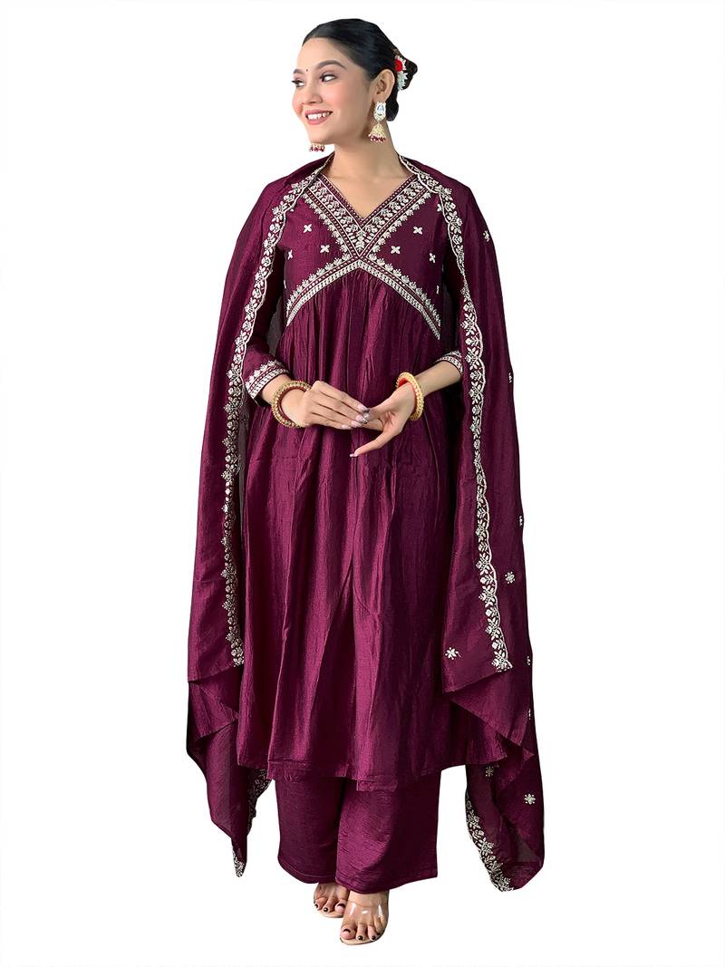 Embroidered Vichitra Silk Fabric Straight Kurta, Pant and Dupatta Set