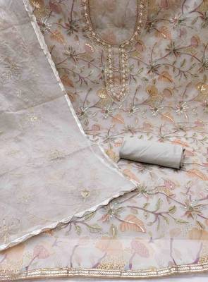 grey organza hand work unstitched dress material 3