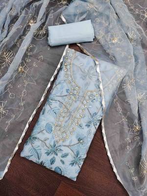 sky blue organza hand work unstitched dress material 1