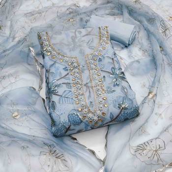 sky blue organza hand work unstitched dress material 2