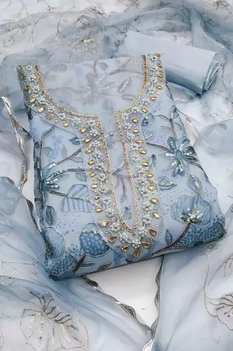 sky blue organza hand work unstitched dress material