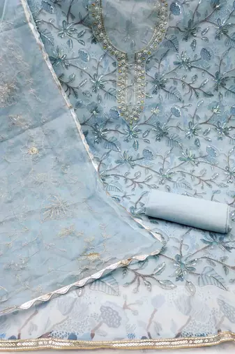 sky blue organza hand work unstitched dress material