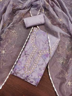 lavender organza hand work unstitched dress material 1
