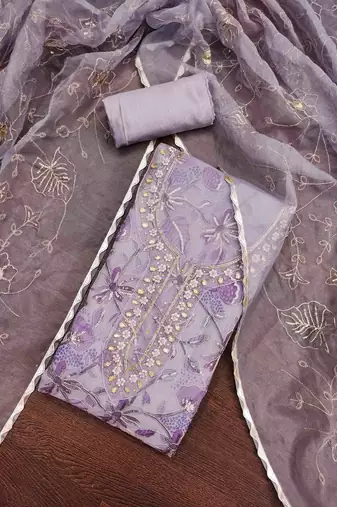 lavender organza hand work unstitched dress material