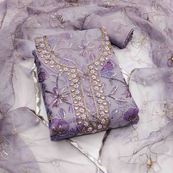 lavender organza hand work unstitched dress material 2