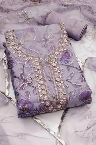 lavender organza hand work unstitched dress material