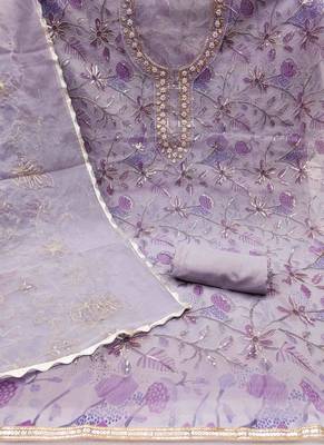 lavender organza hand work unstitched dress material 3