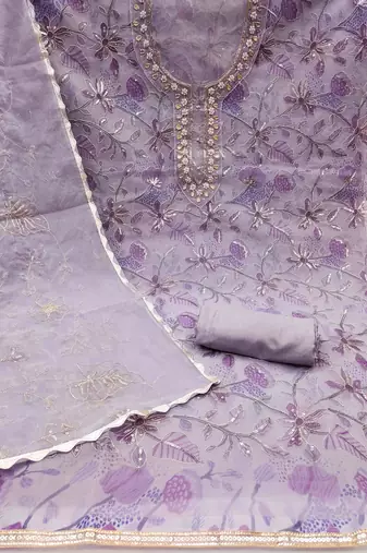 lavender organza hand work unstitched dress material