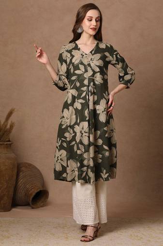 Women's Floral Printed Rayon Flared Kurti