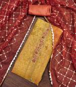 mustard shimmer silk hand work unstitched dress material