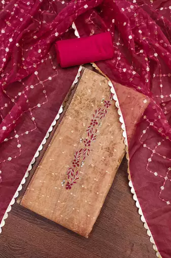 brown shimmer silk hand work unstitched dress material