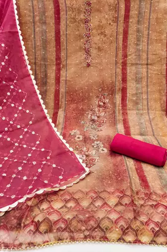 brown shimmer silk hand work unstitched dress material