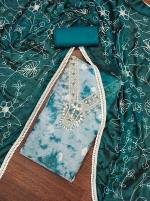 teal organza banarasi handwork unstitched dress material 1