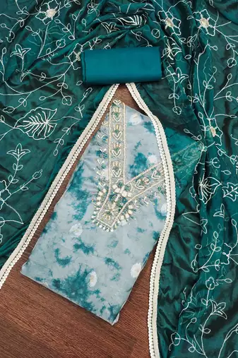 teal organza banarasi handwork unstitched dress material