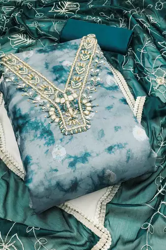 teal organza banarasi handwork unstitched dress material