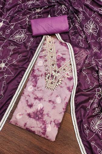 wine organza banarasi handwork unstitched dress material