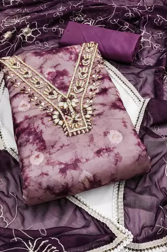 wine organza banarasi handwork unstitched dress material