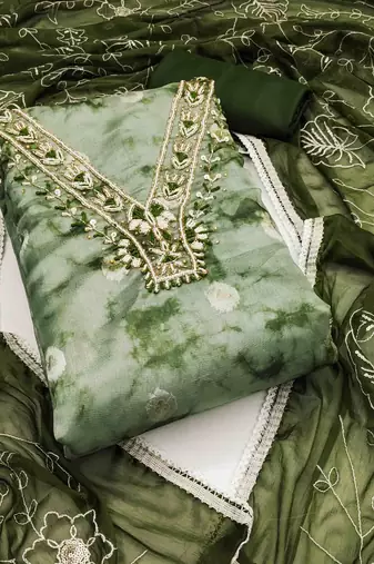 green organza banarasi handwork unstitched dress material