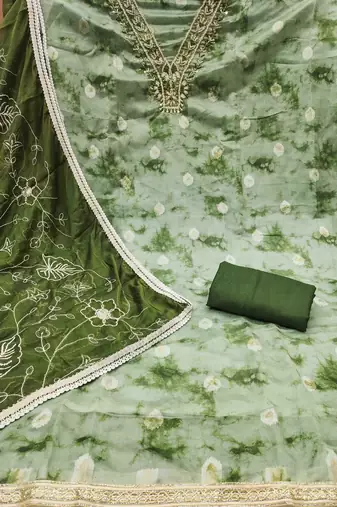 green organza banarasi handwork unstitched dress material