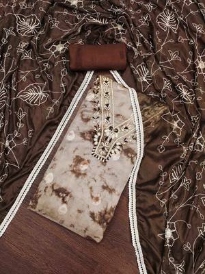 brown organza banarasi handwork unstitched dress material 1
