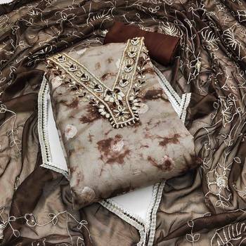 brown organza banarasi handwork unstitched dress material 2