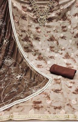 brown organza banarasi handwork unstitched dress material 3