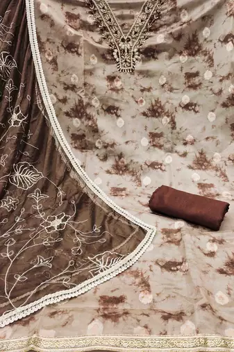 brown organza banarasi handwork unstitched dress material