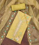 yellow roman cotton silk embroidered unstitched dress material