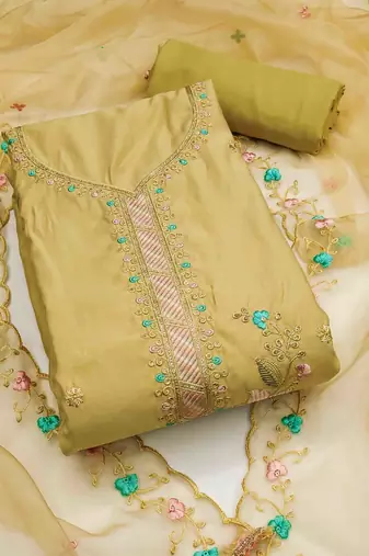 yellow roman cotton silk embroidered unstitched dress material