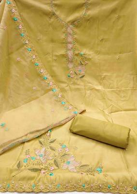 yellow roman cotton silk embroidered unstitched dress material 3
