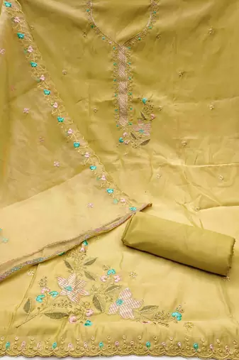 yellow roman cotton silk embroidered unstitched dress material