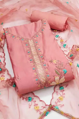 peach roman cotton silk embroidered unstitched dress material