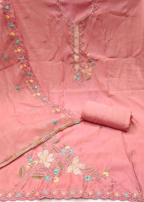 peach roman cotton silk embroidered unstitched dress material 3