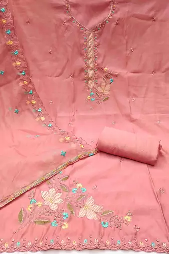peach roman cotton silk embroidered unstitched dress material