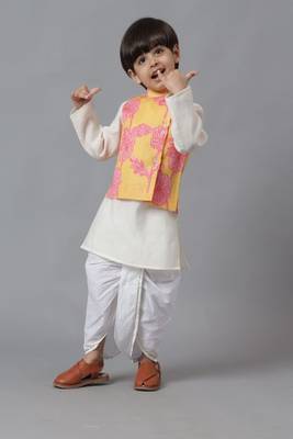 Yellow jacket with pink floral embroidery with kurta and dhoti set 1