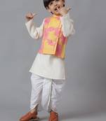 Yellow jacket with pink floral embroidery with kurta and dhoti set
