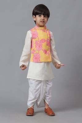 Yellow jacket with pink floral embroidery with kurta and dhoti set 2