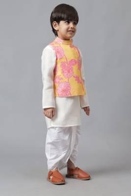 Yellow jacket with pink floral embroidery with kurta and dhoti set 3