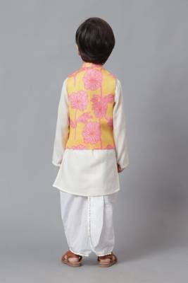 Yellow jacket with pink floral embroidery with kurta and dhoti set 4