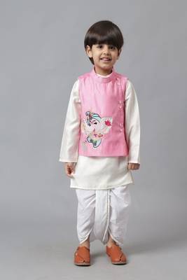 Pink ganesh embroidered jacket with kurta and dhoti set 1