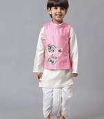 Pink ganesh embroidered jacket with kurta and dhoti set
